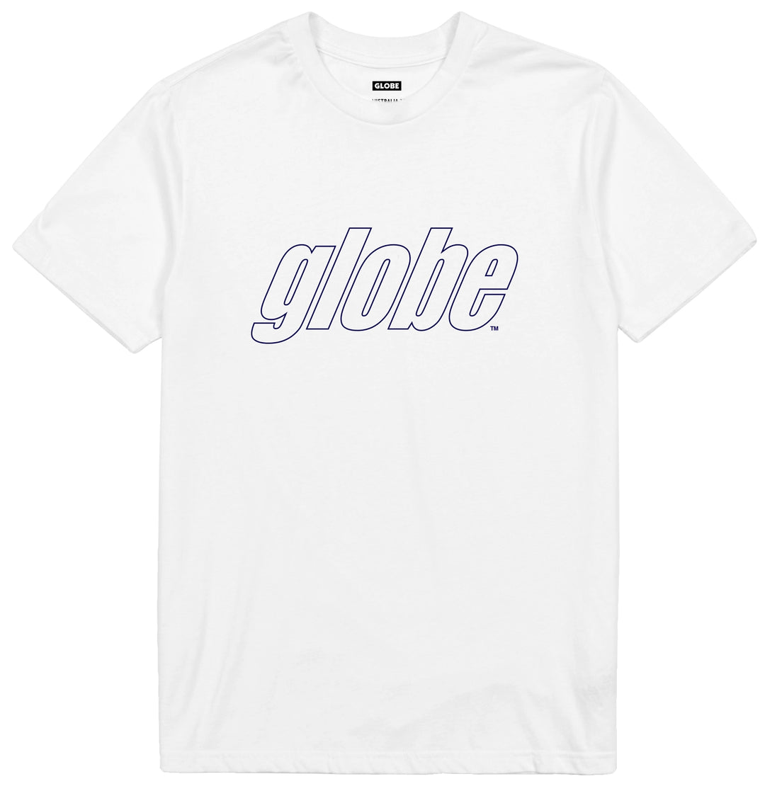 Globe Impact Tee White with outlined logo print made from 100% organic cotton
