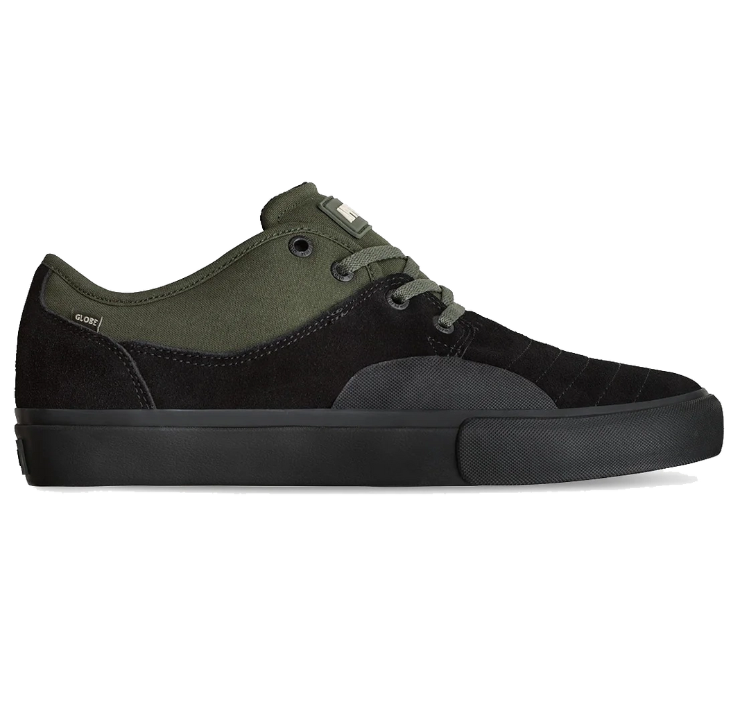  Side view of Globe Mahalo Plus skate shoe in Black Pine with ollie patch