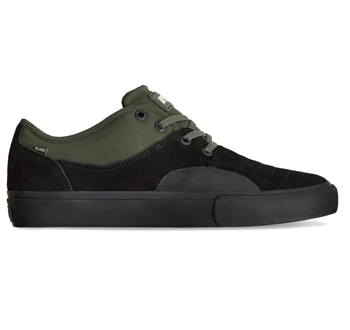  Side view of Globe Mahalo Plus skate shoe in Black Pine with ollie patch