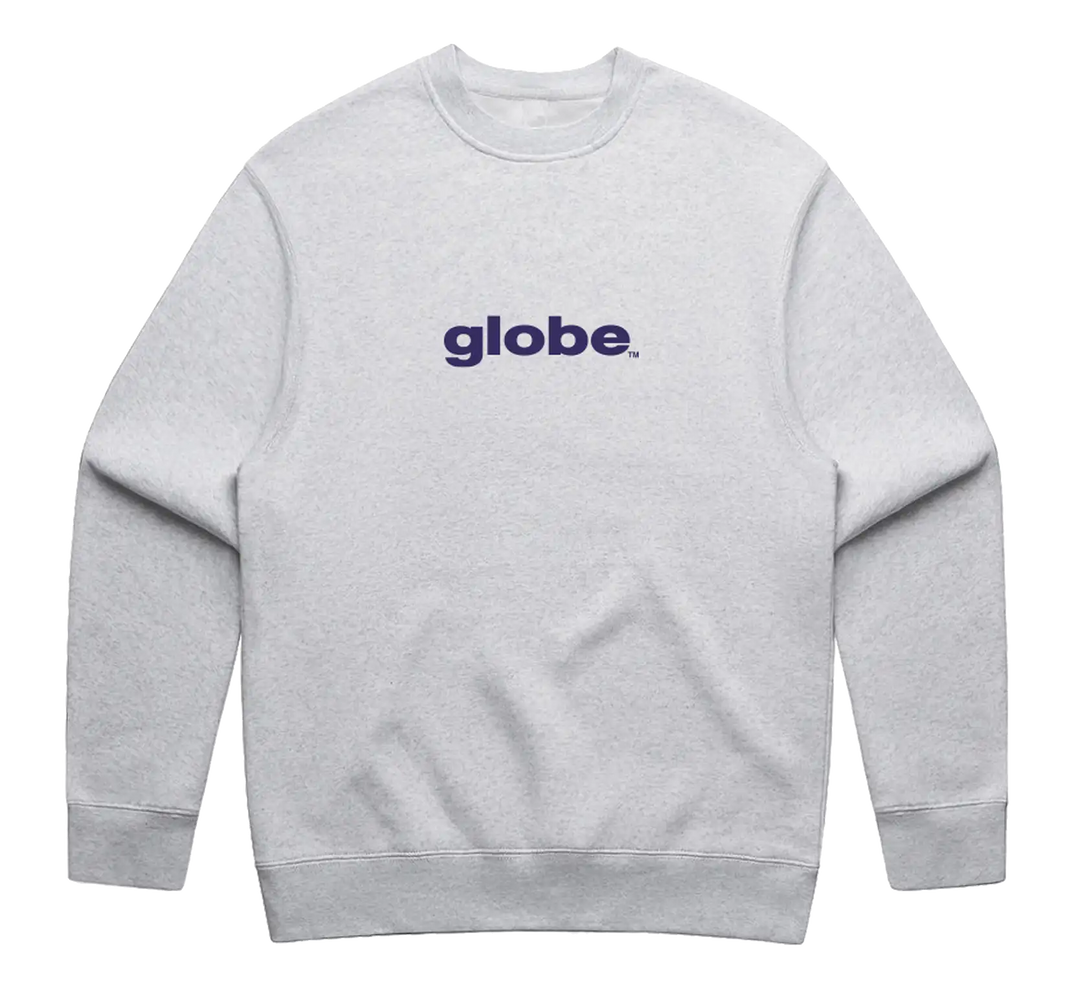 Gray sweatshirt with 'globe' logo on a white background