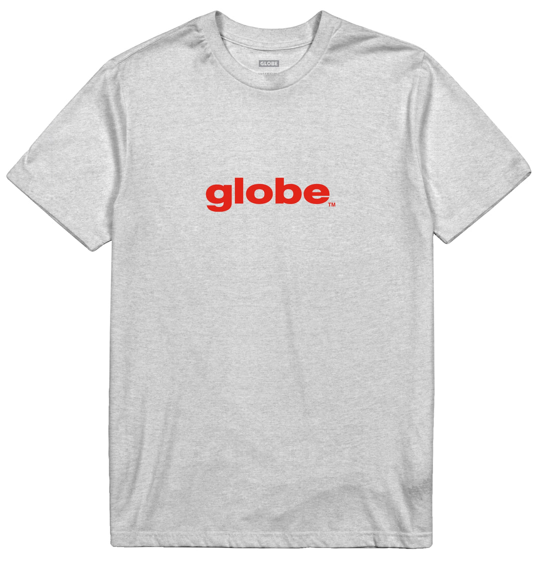 Gray t-shirt with red 'globe' logo on a white background