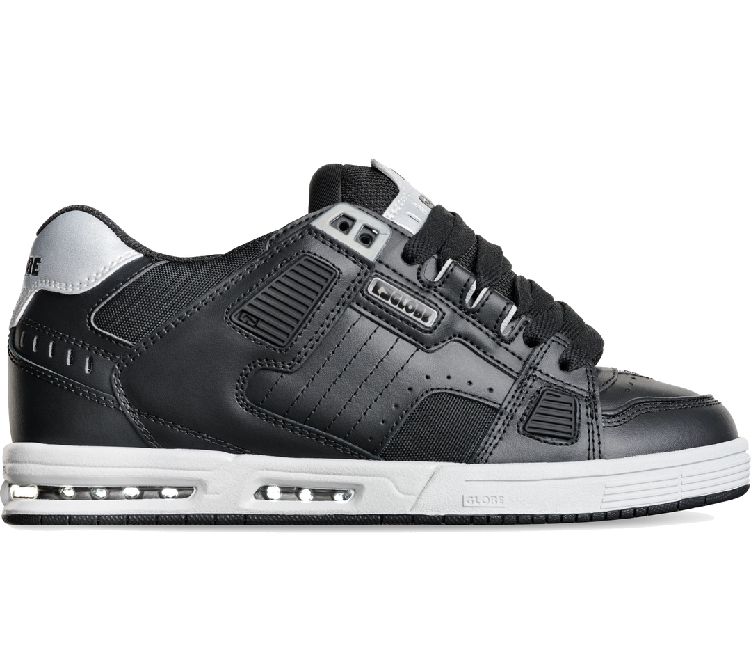 Globe Sabre skate shoe in Black Silver with Nitrocel airbag sole and S-Trac outsole