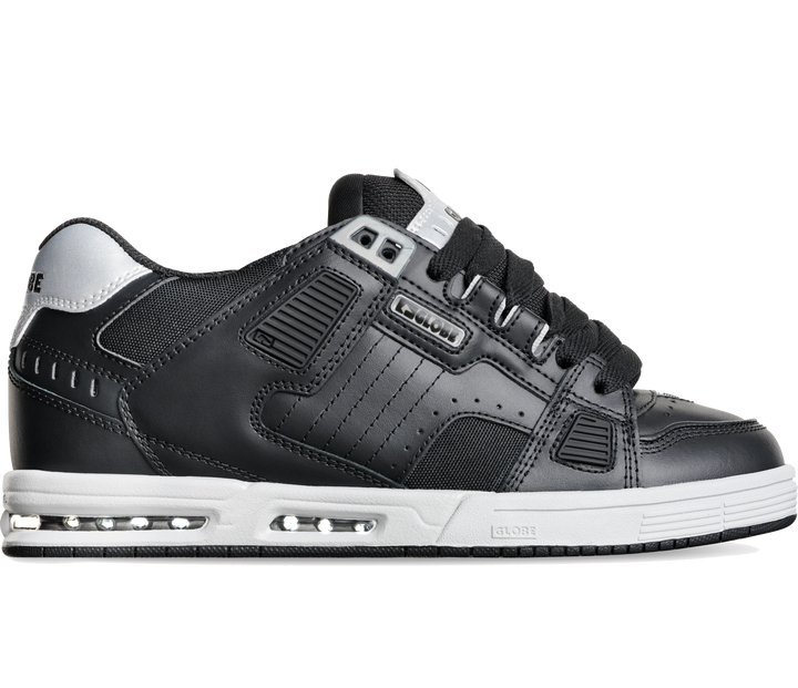 Globe Sabre skate shoe in Black Silver with Nitrocel airbag sole and S-Trac outsole
