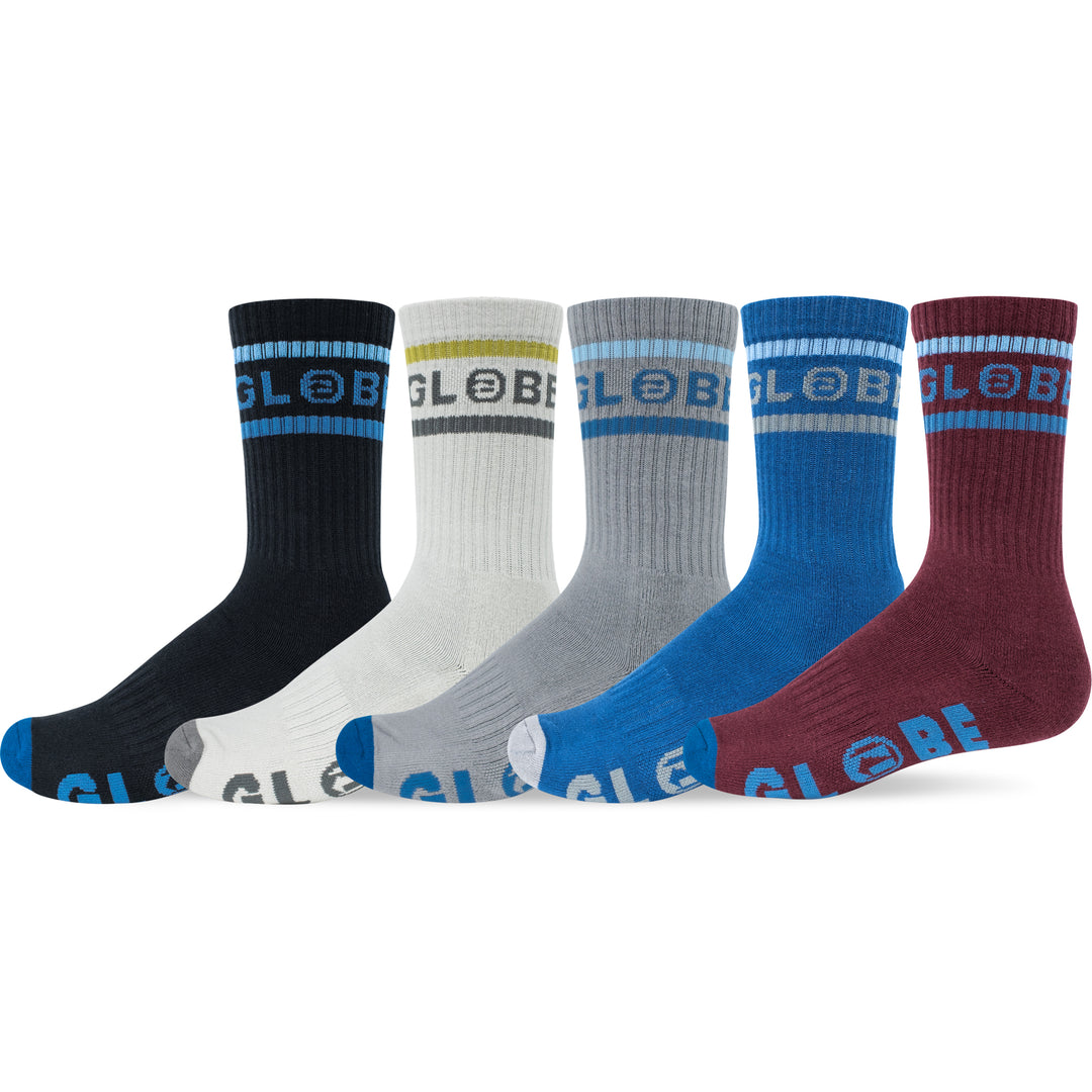 Globe Tilt High Crew Socks Assorted 5 Pack with five colours and Globe logo detailing.