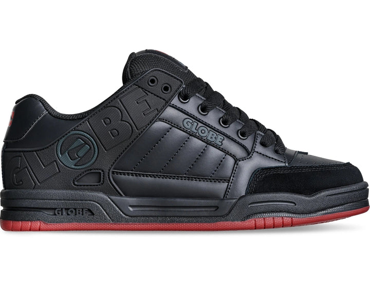 Globe Tilt Black Red Charcoal skate shoe with Strobo cupsole and moulded TPR collar