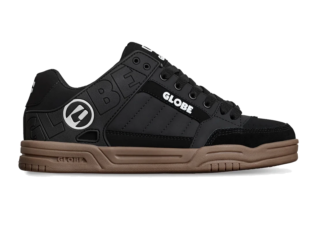 Globe Tilt skate shoe in onyx black with gum sole and bold branding