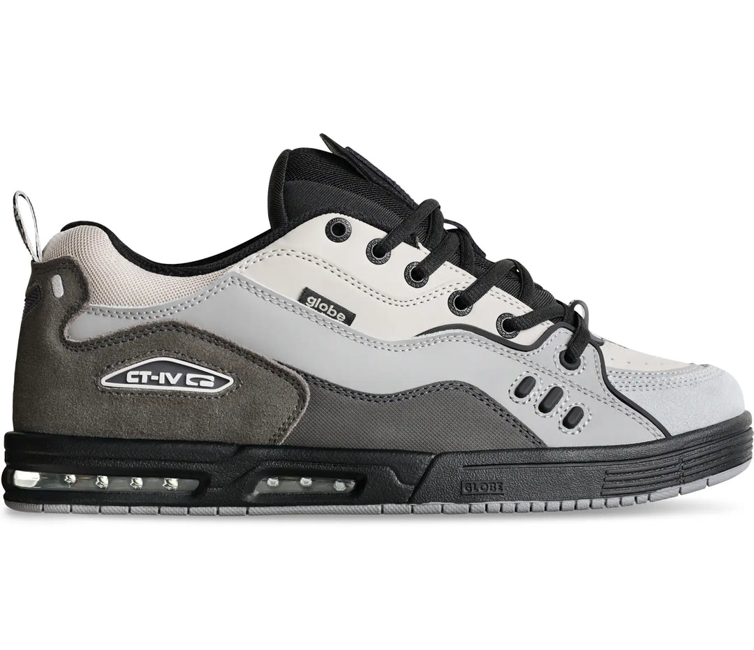 Globe CT-4 Grey/Black skate shoe with layered grey upper, black laces, CT-IV branding and Nitrocel Airbag Sole