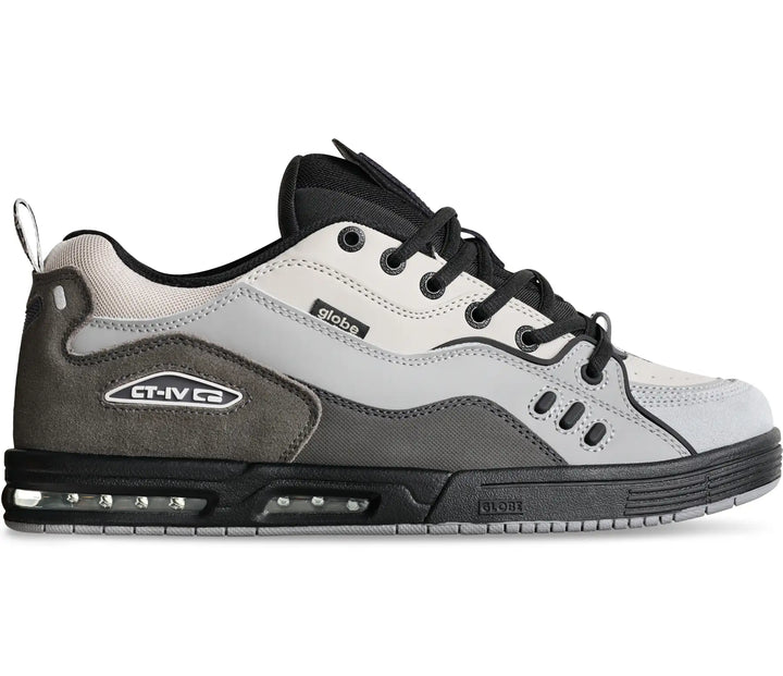 Globe CT-4 Grey/Black skate shoe with layered grey upper, black laces, CT-IV branding and Nitrocel Airbag Sole