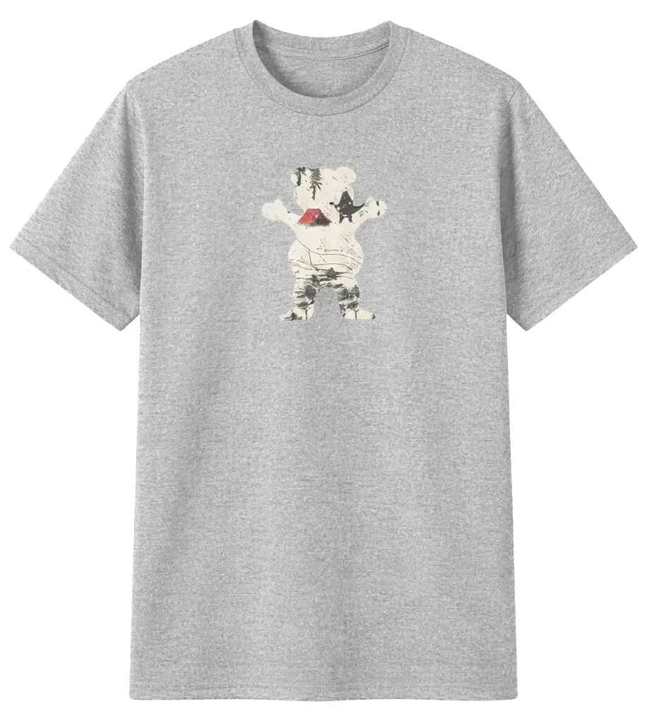 Heather grey Grizzly OG Bear t-shirt with trail map graphic printed on the front