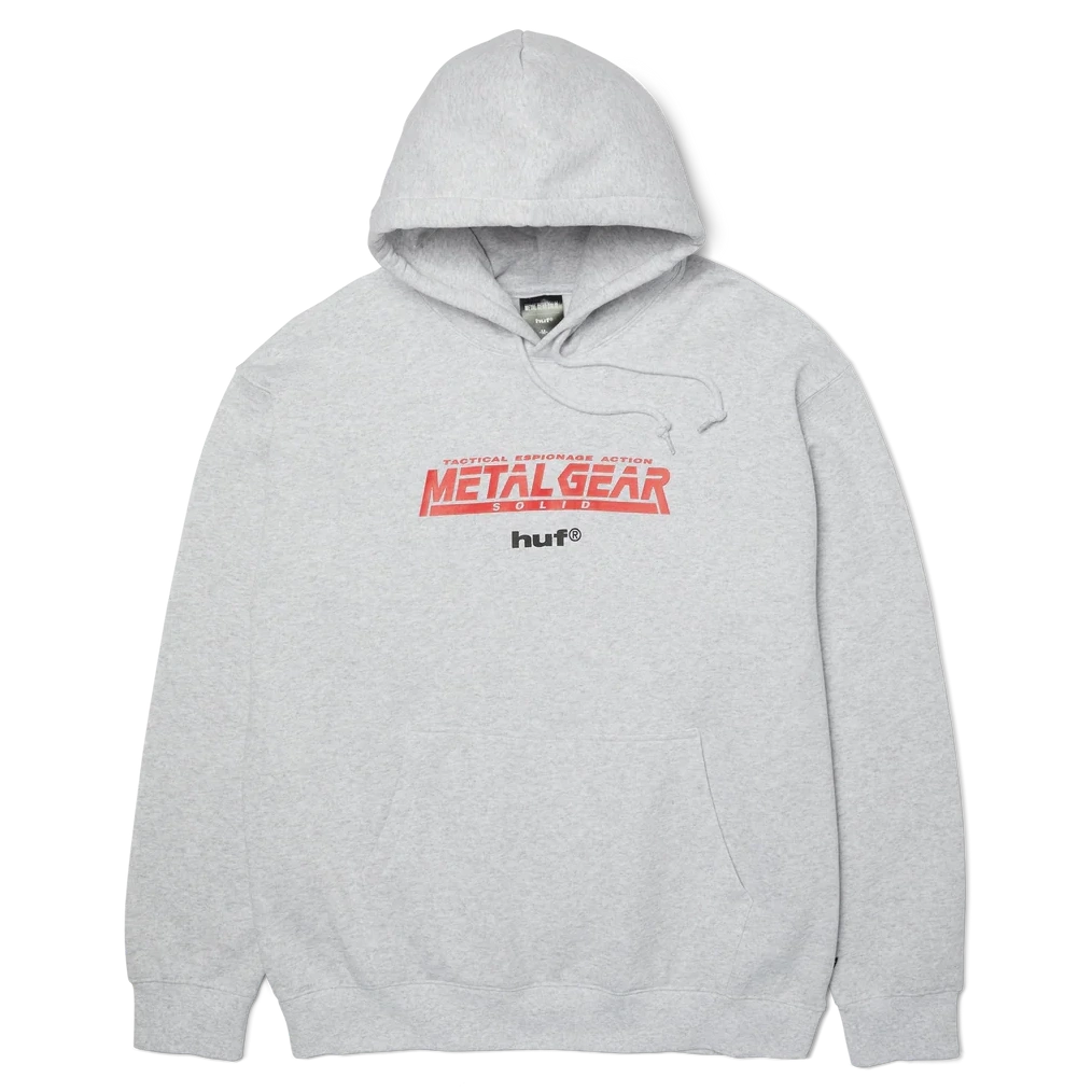 Gray hoodie with 'Metal Gear' and 'HUF' logos on a white background