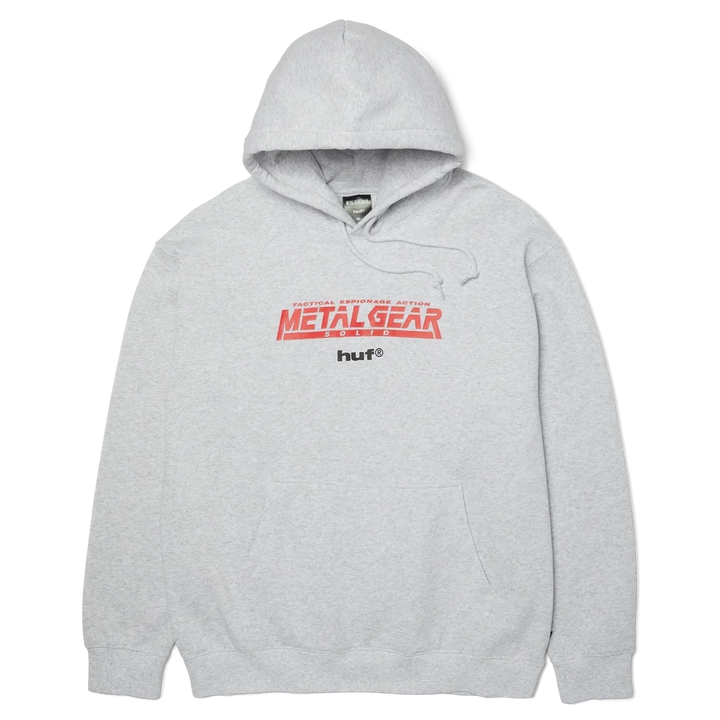 Gray hoodie with 'Metal Gear' and 'HUF' logos on a white background
