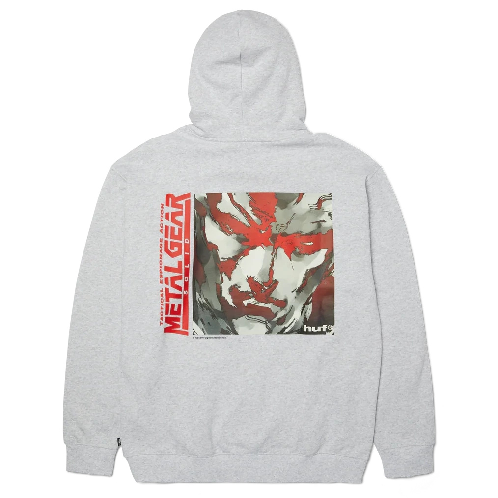HUF x Metal Gear Solid MGS1 Heather Grey hoodie front and back graphic