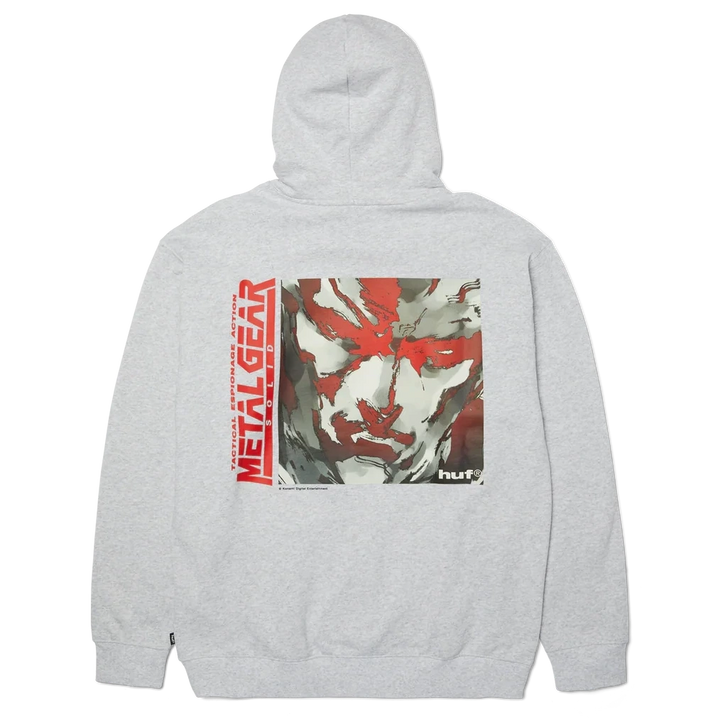HUF x Metal Gear Solid MGS1 Heather Grey hoodie front and back graphic