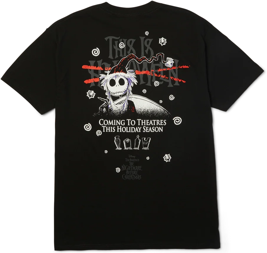 HUF x Disney Nightmare Before Christmas black t-shirt with Jack Skellington artwork front and back