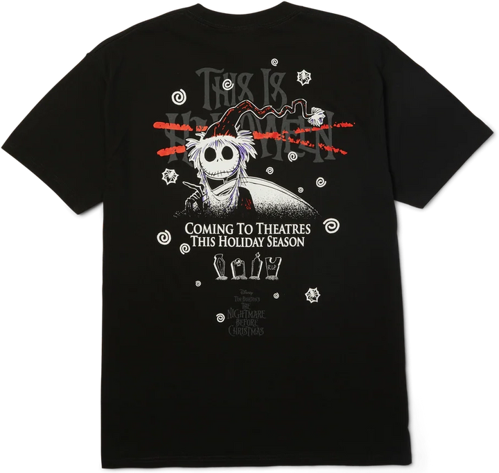 HUF x Disney Nightmare Before Christmas black t-shirt with Jack Skellington artwork front and back