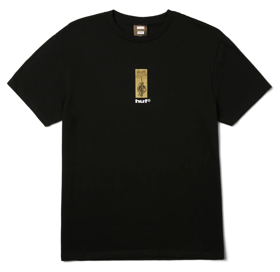 Front view of HUF x Spider-Man Arachknight Tee in black with Marvel co-branded gold chest print