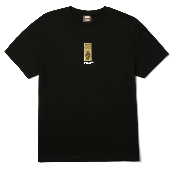Front view of HUF x Spider-Man Arachknight Tee in black with Marvel co-branded gold chest print