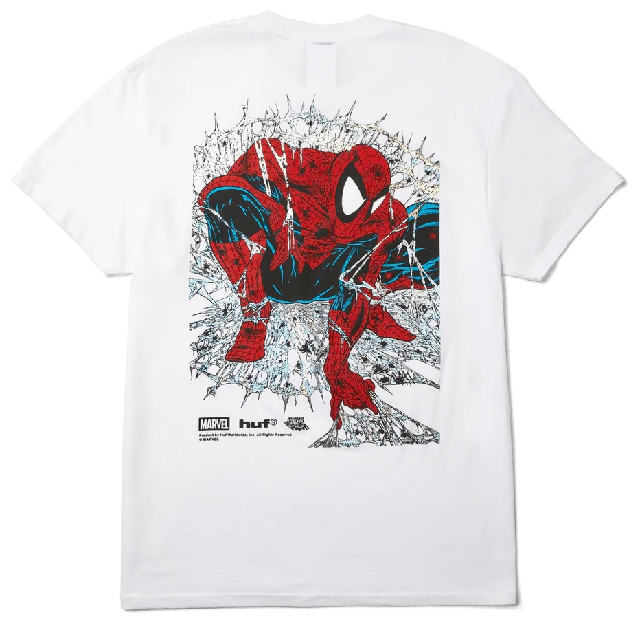 Back view of HUF x Spider-Man Arachknight Tee in white with holo-foil Spider-Man artwork