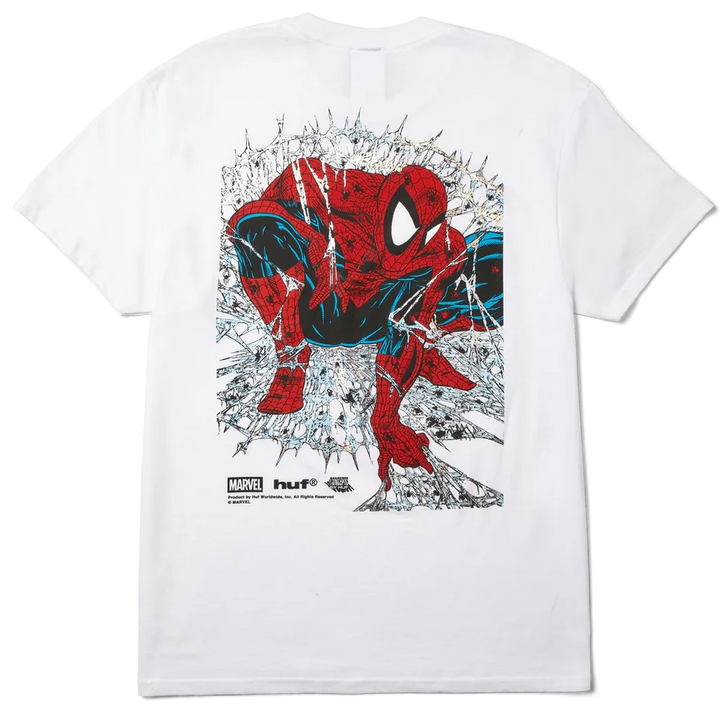 Back view of HUF x Spider-Man Arachknight Tee in white with holo-foil Spider-Man artwork