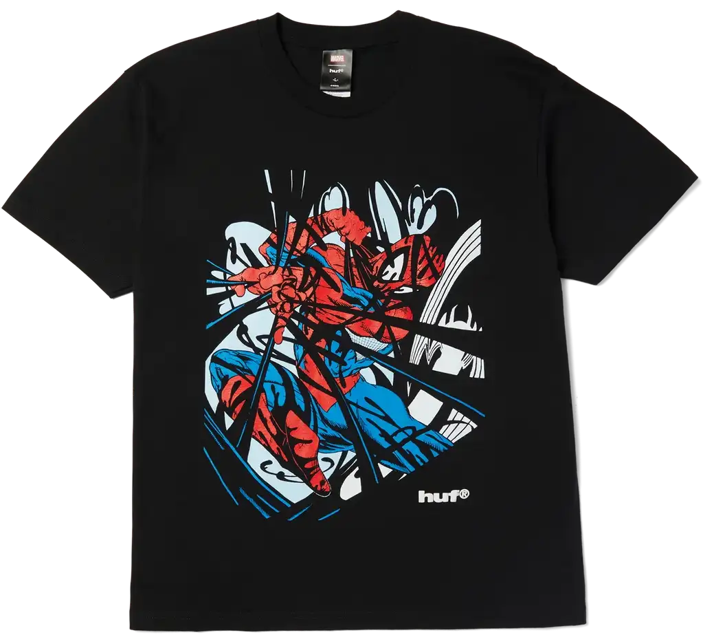 HUF x Spider-Man Entangled Washed Tee Black featuring Spider-Man comic artwork on the front.