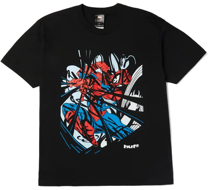 HUF x Spider-Man Entangled Washed Tee Black featuring Spider-Man comic artwork on the front.