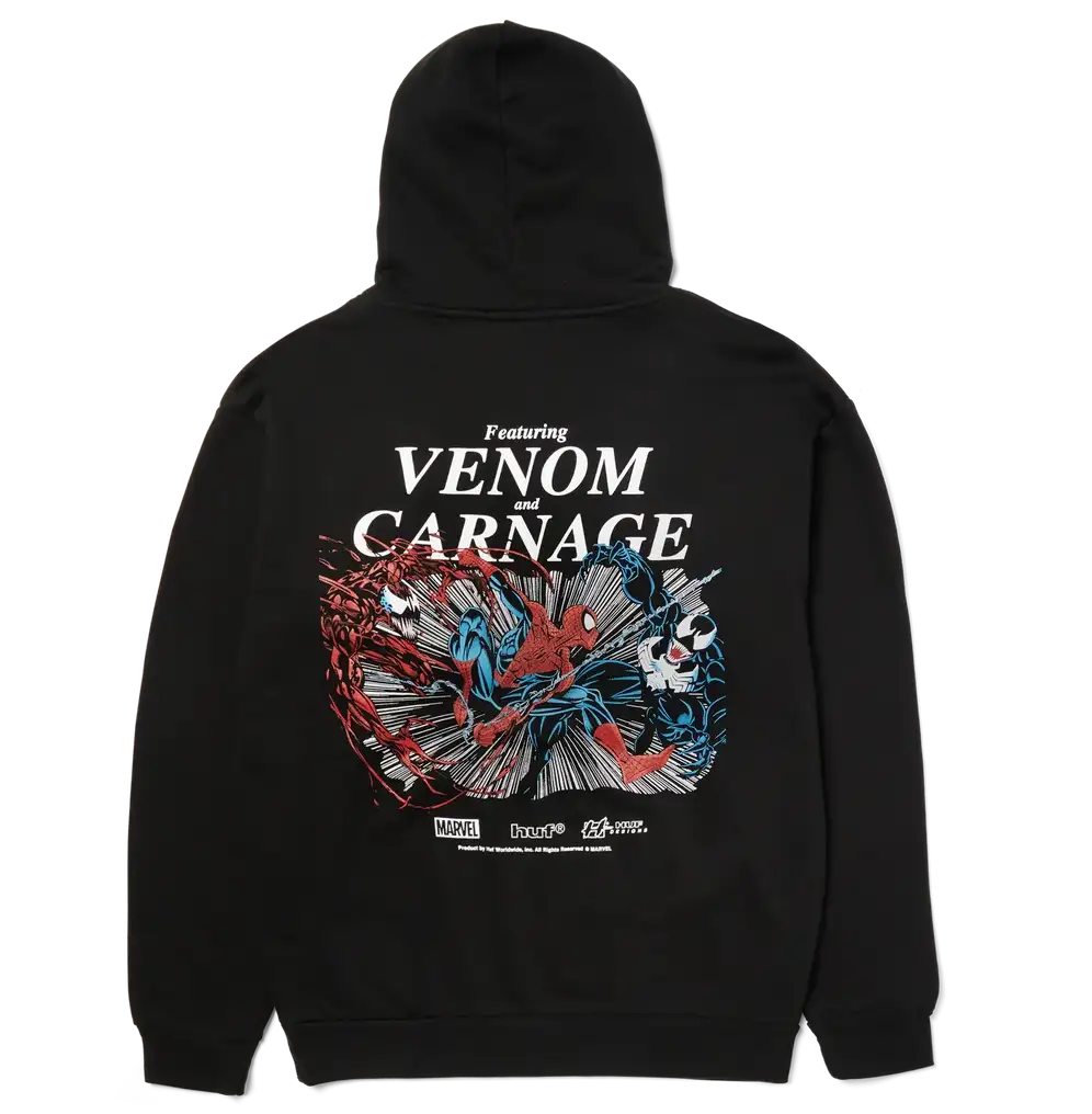 HUF x Spider-Man Maximum Carnage Hoodie Black featuring Spider-Man, Venom and Carnage artwork on the back.