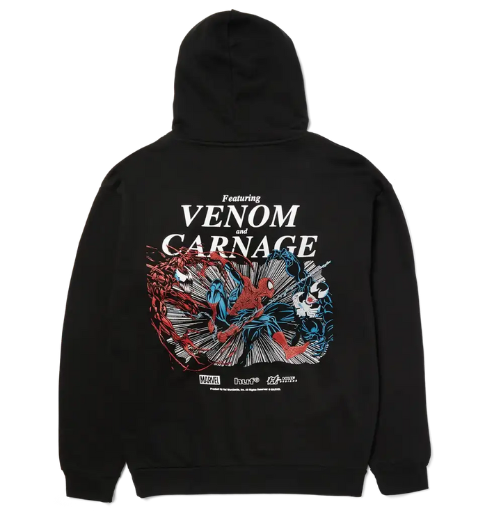 HUF x Spider-Man Maximum Carnage Hoodie Black featuring Spider-Man, Venom and Carnage artwork on the back.