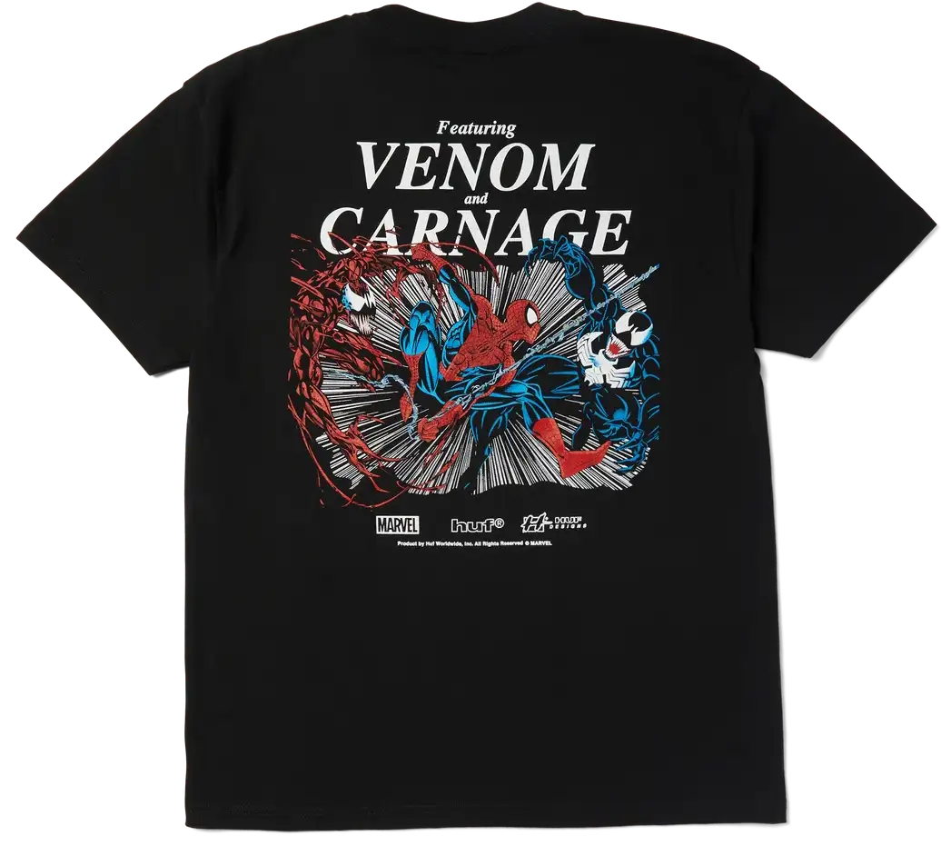 HUF x Spider-Man Maximum Carnage Tee Black featuring Spider-Man, Venom and Carnage comic artwork.