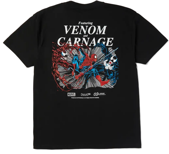 HUF x Spider-Man Maximum Carnage Tee Black featuring Spider-Man, Venom and Carnage comic artwork.