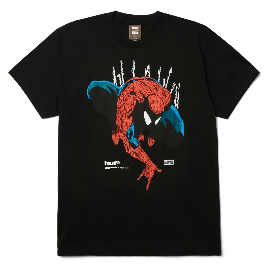 Front view of HUF x Spider-Man Perceptions Tee in black with large Spider-Man artwork