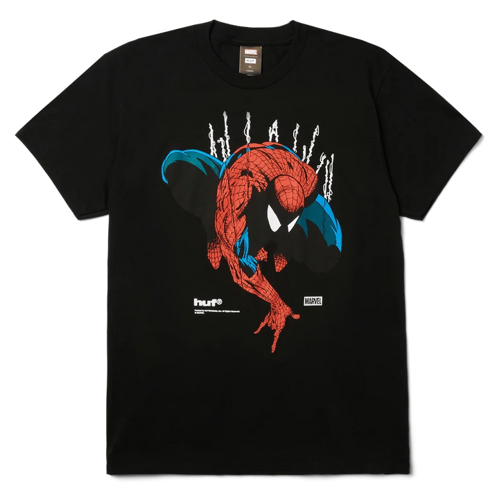 Front view of HUF x Spider-Man Perceptions Tee in black with large Spider-Man artwork