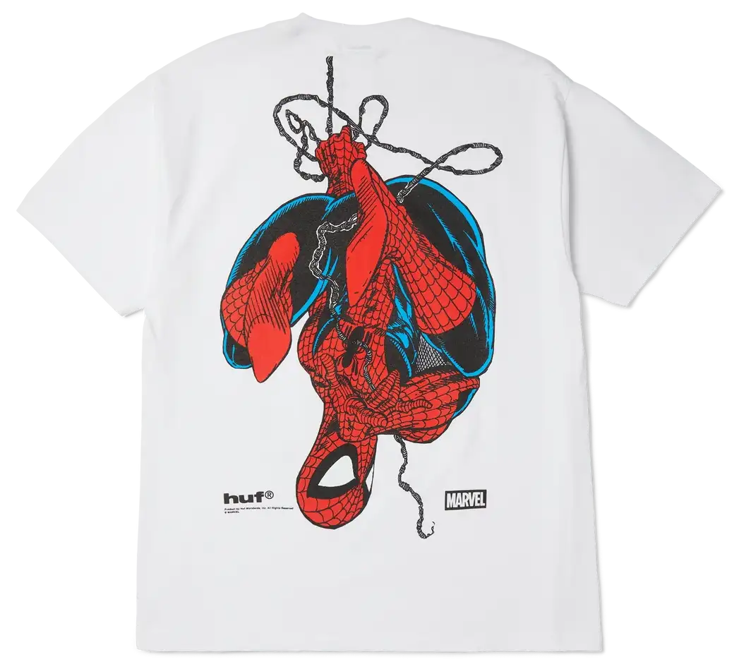 HUF x Spider-Man Upside Down Tee White featuring comic cover chest graphic and large Spider-Man back print.