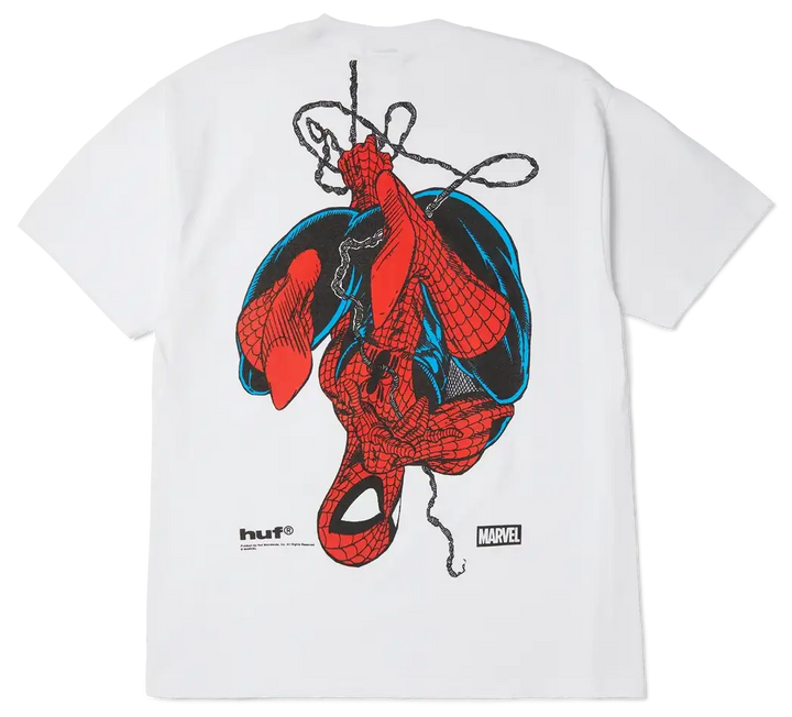 HUF x Spider-Man Upside Down Tee White featuring comic cover chest graphic and large Spider-Man back print.