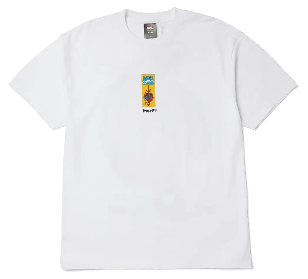 A white short-sleeve crewneck t-shirt featuring a small vertical graphic on the center chest with a yellow and blue design and the black text 'HUF'.