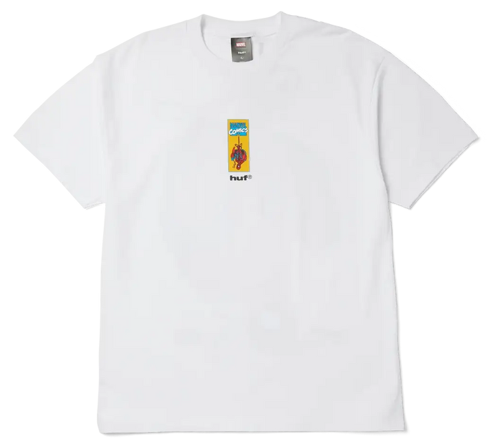 A white short-sleeve crewneck t-shirt featuring a small vertical graphic on the center chest with a yellow and blue design and the black text 'HUF'.