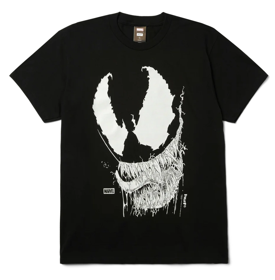 Front view of HUF x Spider-Man Glow in the Dark Vile Tee in black with Venom face graphic