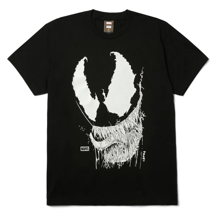 Front view of HUF x Spider-Man Glow in the Dark Vile Tee in black with Venom face graphic