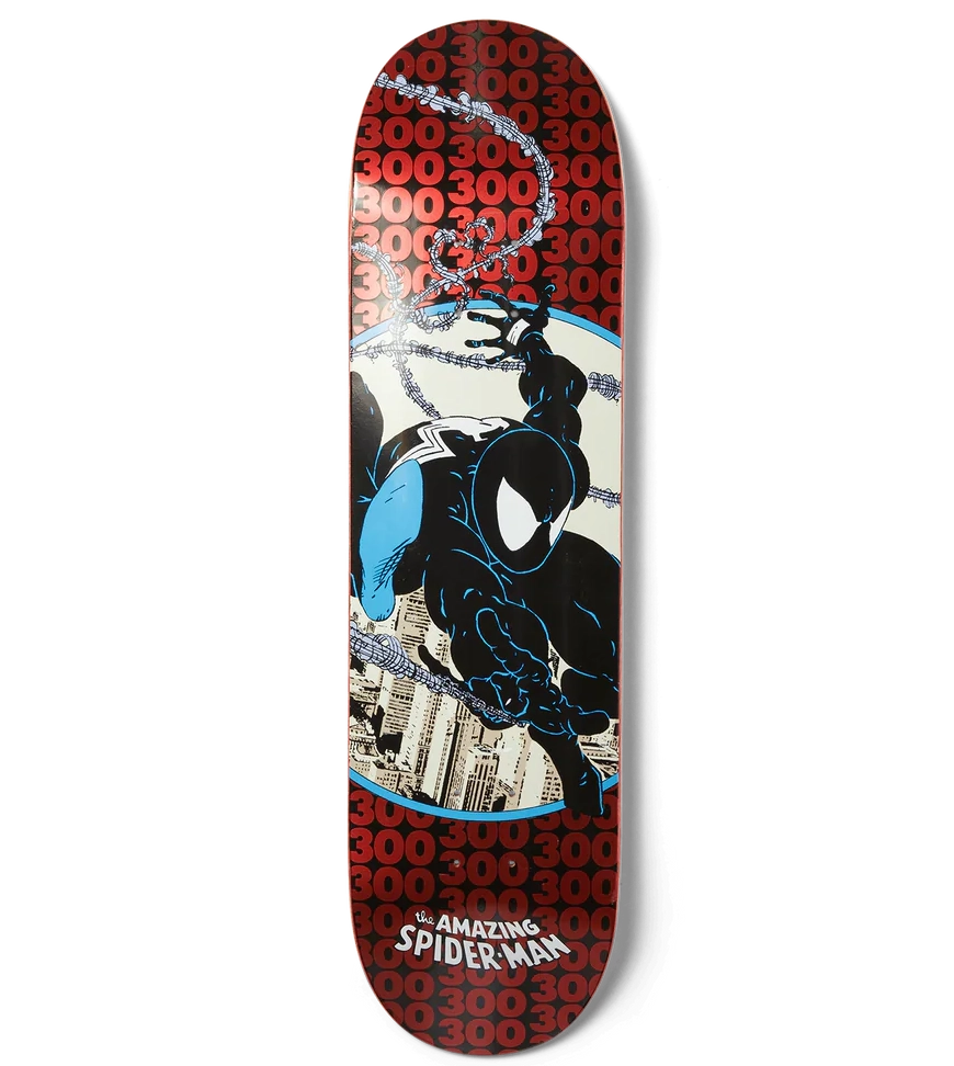 Skateboard deck with Spider-Man design on a white background