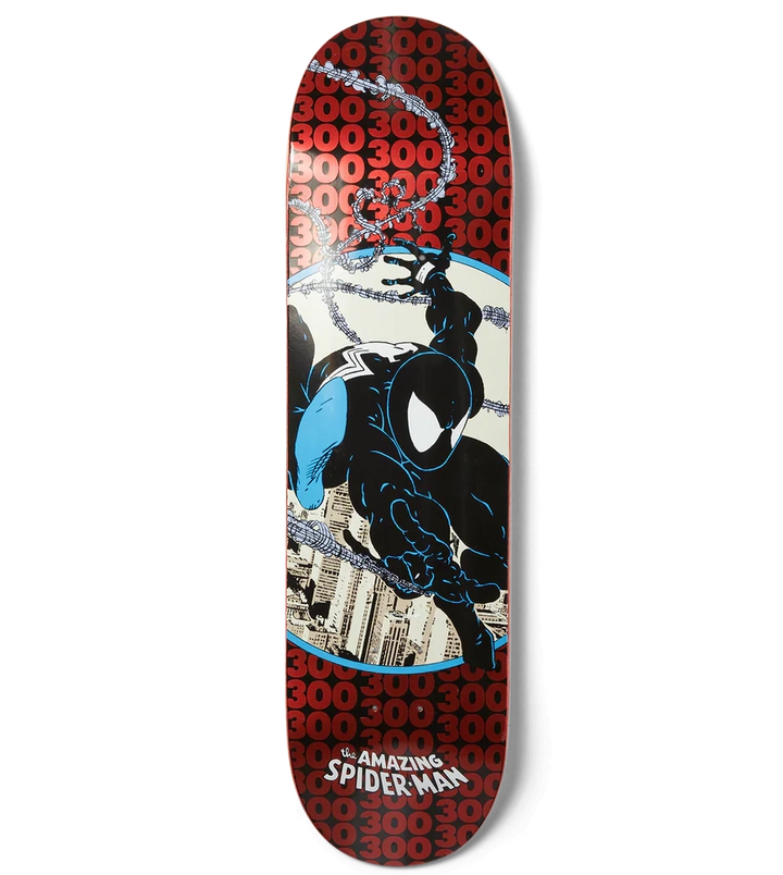 Skateboard deck with Spider-Man design on a white background