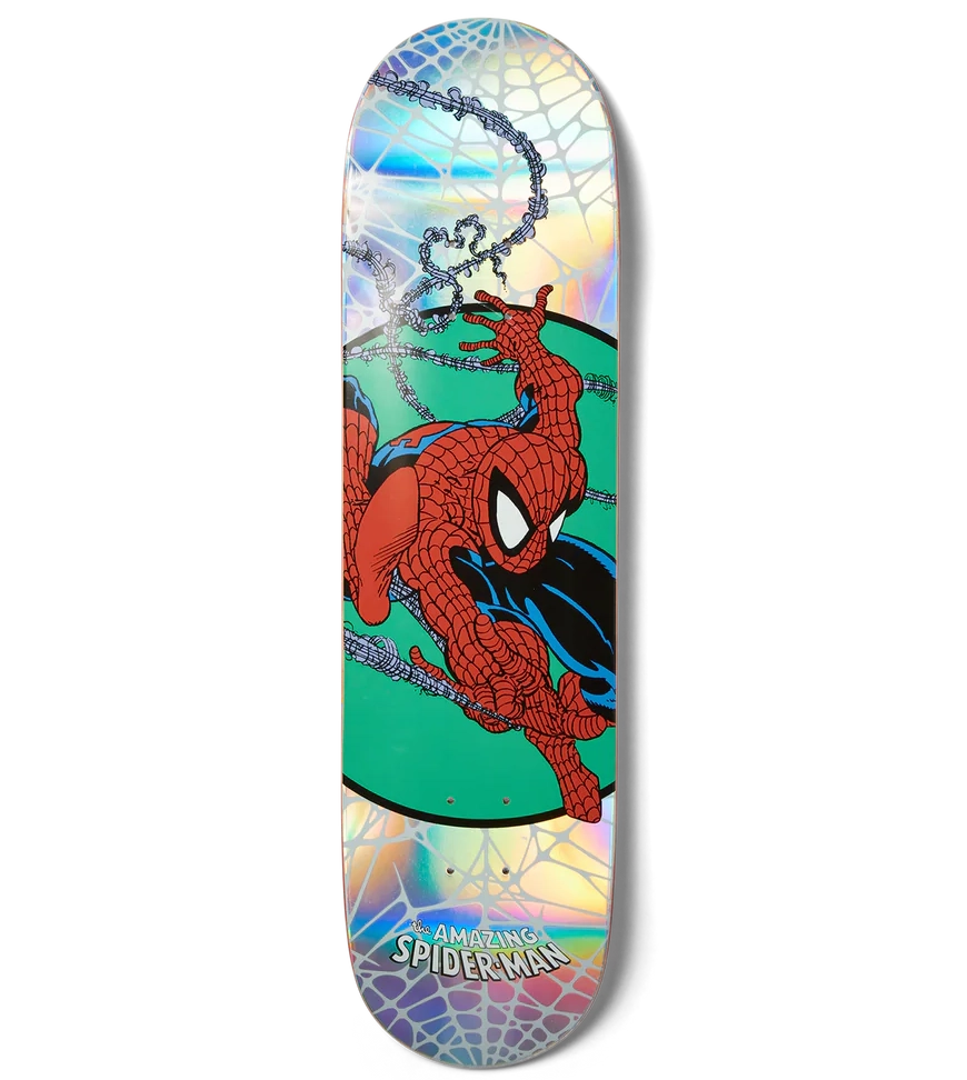Skateboard deck with Spider-Man design on a white background