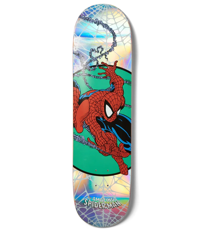 Skateboard deck with Spider-Man design on a white background