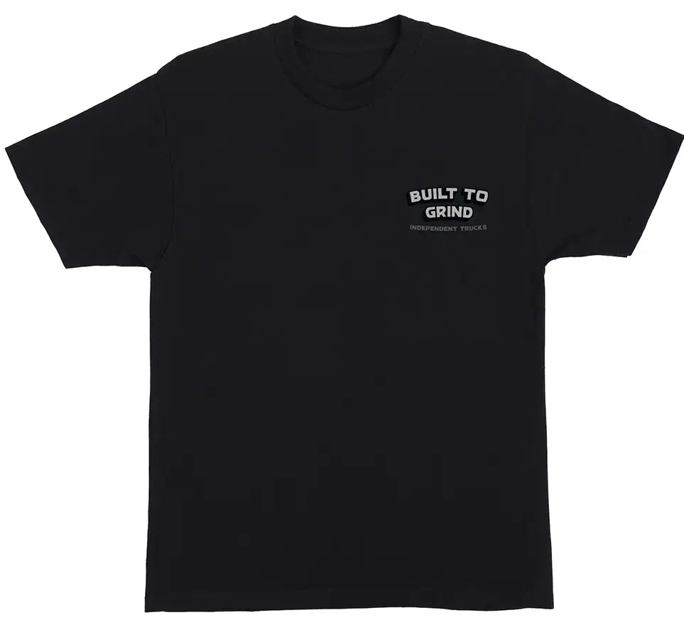Black t-shirt with 'Built to Grind' text on a white background