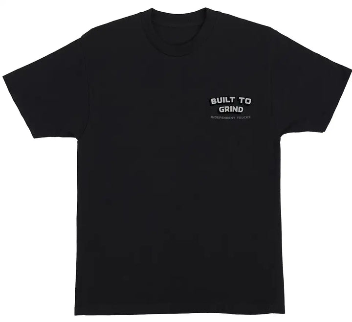 Black t-shirt with 'Built to Grind' text on a white background