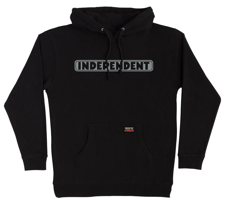 Independent Trucks black hoodie with reflective Bar Logo graphic on chest and kangaroo pocket.