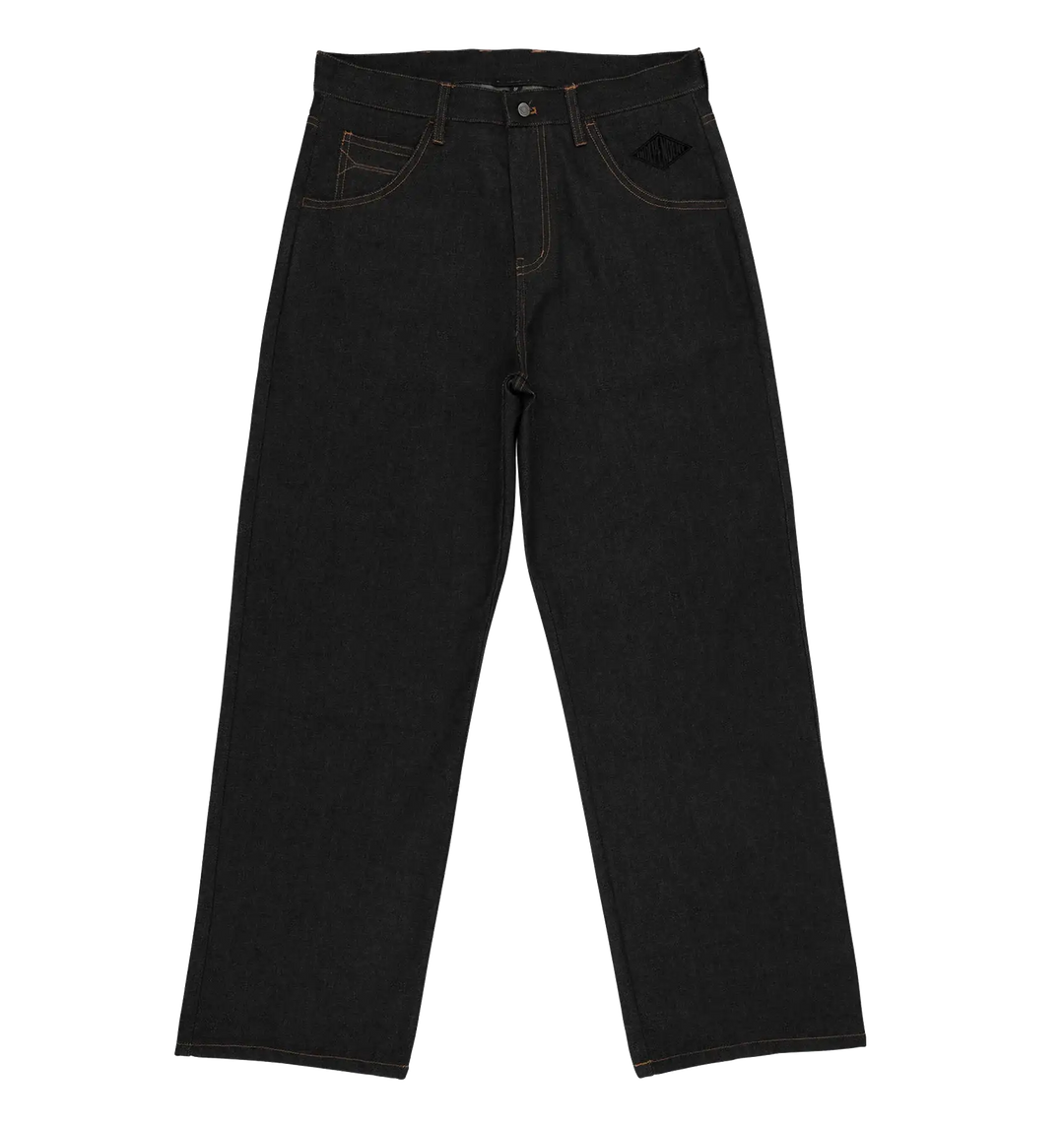 Black denim jeans with contrast brown stitching and a small black diamond patch on the right hip, shown flat against a white background.