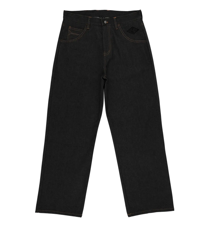 Black denim jeans with contrast brown stitching and a small black diamond patch on the right hip, shown flat against a white background.