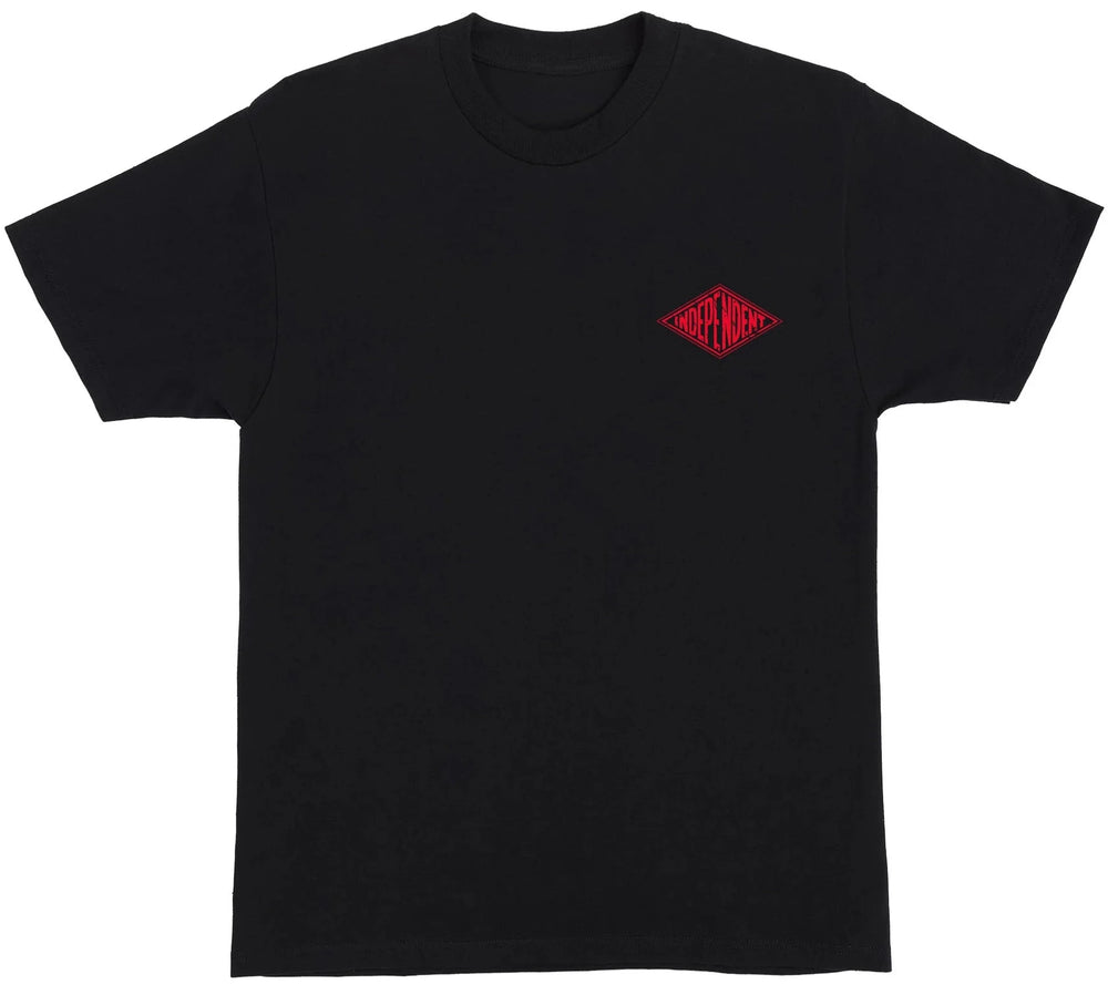 Black t-shirt with red indy logo on a white background