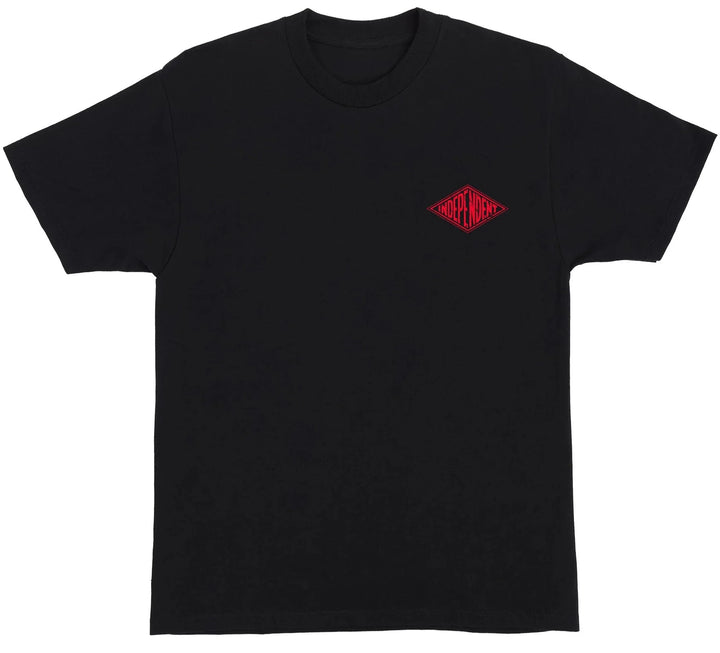 Black t-shirt with red indy logo on a white background