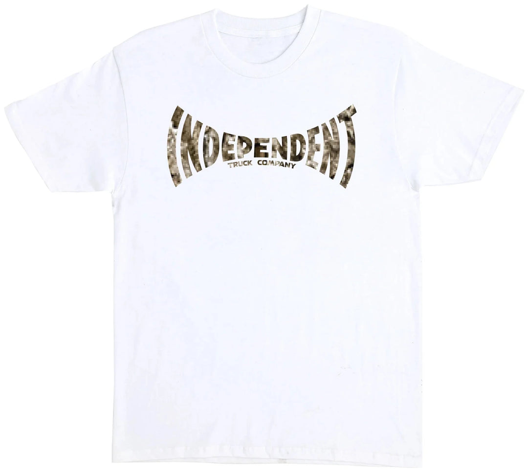 A white short-sleeve crewneck t-shirt featuring a distressed graphic on the chest that reads 'INDEPENDENT TRUCK COMPANY' in a brown camouflage pattern, displayed against a solid white background.