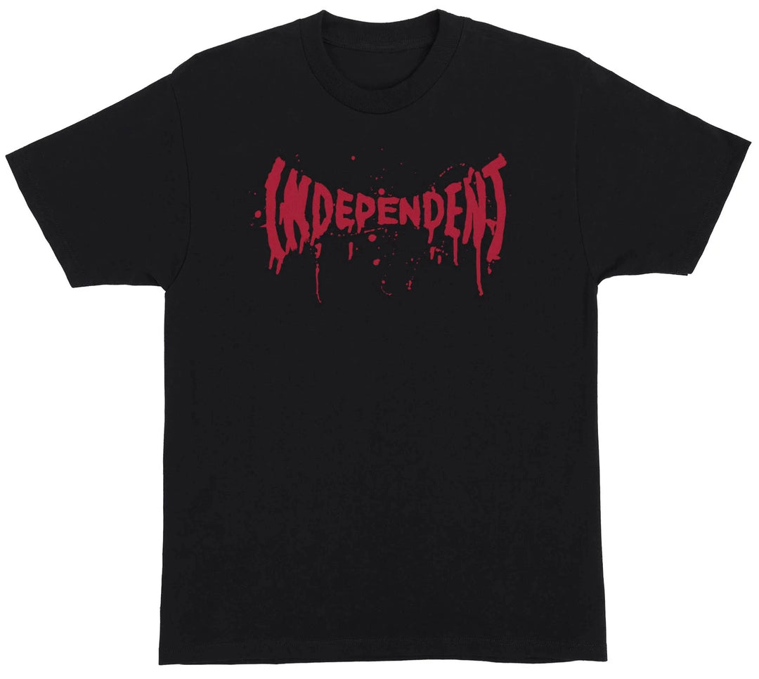 Independent Trucks black t-shirt with red Splatter Span drip logo graphic across chest.